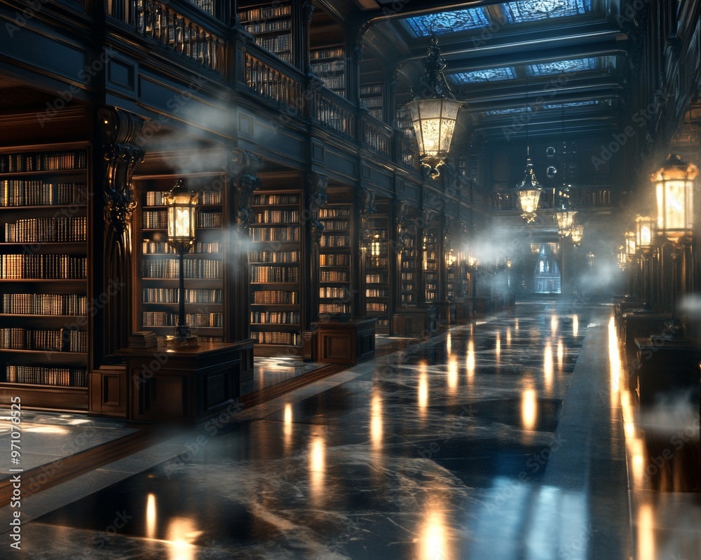 Spooky old library transformed into a haunted house glowing lanterns lining the shelves Spooky old library transformed into a haunted house glowing lanterns lining the shelves