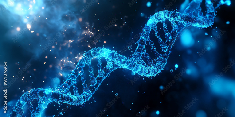 An abstract render of vibrant DNA helixes glowing in electric blue, with molecular particles shimmering around them, all set in the vastness of space. An abstract render of vibrant DNA helixes glowing in electric blue, with molecular particles shimmering around them, all set in the vastness of space.