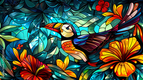 Stained glass vector-style image of beautiful Puffin bird tail, tropical flowers, bird feathers, color coordinated abstract expressionism surrealism apophysis paisley design