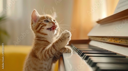 Cute Kitten Playing Piano Music Instrument