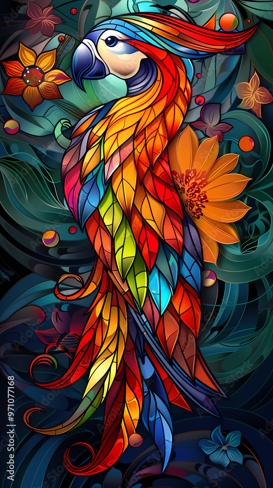 Obraz premium Stained glass vector-style image of beautiful Puffin bird tail, tropical flowers, bird feathers, color coordinated abstract expressionism surrealism apophysis paisley design