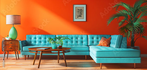 Charming retro 1960s living room with a turquoise modular sofa, teak coffee table, and vivid orange walls, rendered in 3D. photo