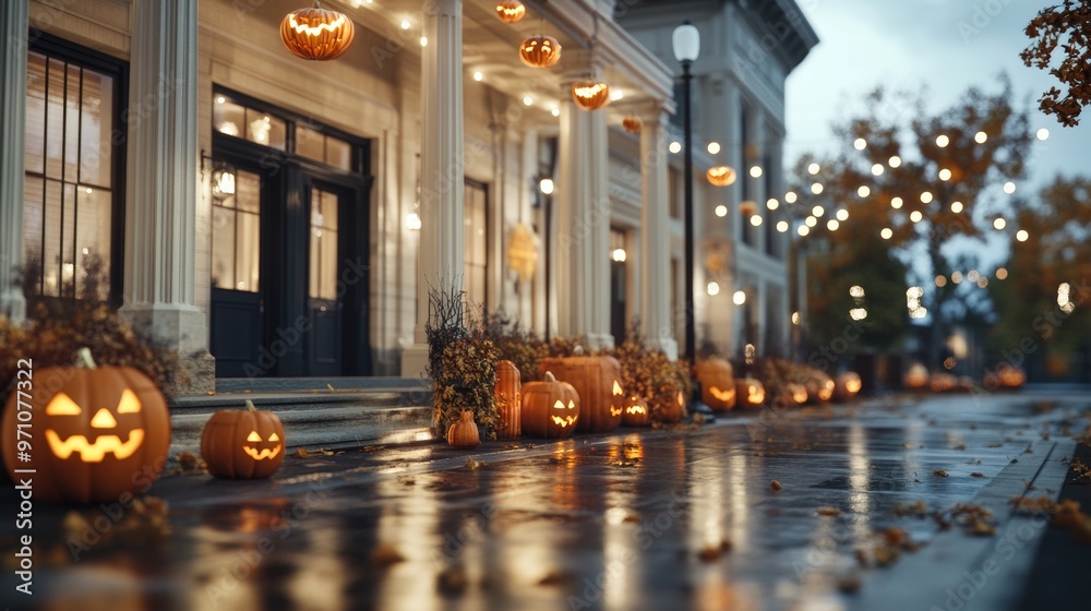 Naklejka premium Spooky old theater transformed for a Halloween event glowing lanterns lining the entrance