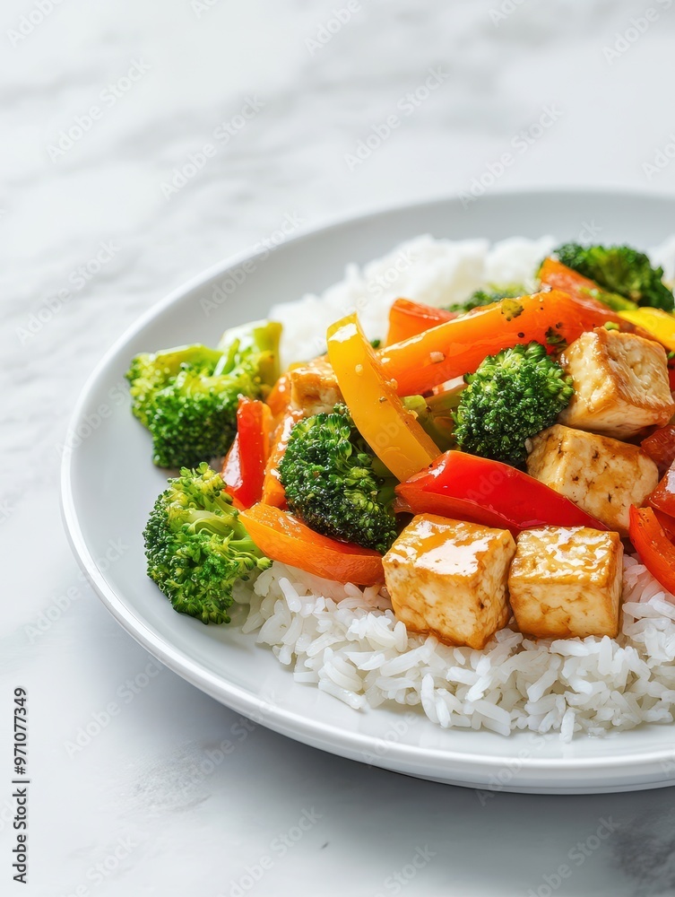 A plate of rice topped with colorful stir-fried vegetables and tofu.