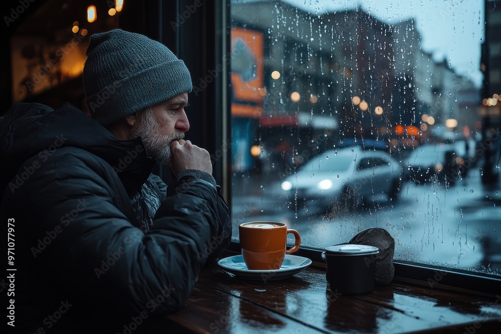 Person wearing a beanie seated by a window in a café, gazing out at the rainy street traffic, with a coffee cup and hat on the table beside them, suggesting contemplation and quiet solitude. Person wearing a beanie seated by a window in a café, gazing out at the rainy street traffic, with a coffee cup and hat on the table beside them, suggesting contemplation and quiet solitude.
