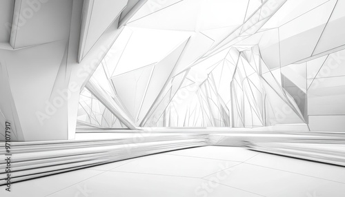 Line art illustration of an abstract interior featuring futuristic highlights Polygonal design Architectural backdrop 3D rendering and visualization