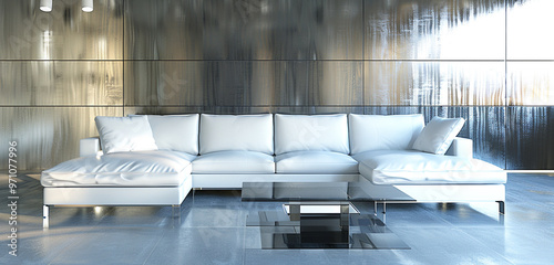 Cutting edge ultra modern living room with a white leather sectional, a sleek black glass table, and shiny metallic silver walls for a high tech style. photo