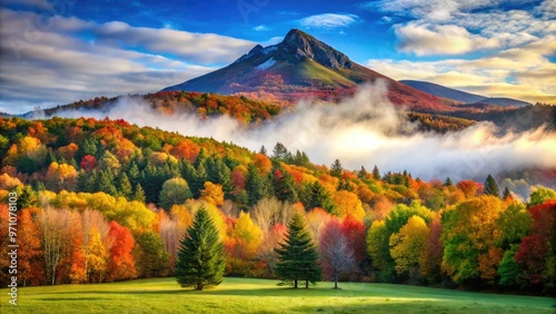 Majestic Camels Hump Mountain stands tall in Vermont's Green Mountains, its distinctive double-humped peak rising above a blanket of vibrant autumn foliage and misty morning fog. photo