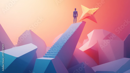 A man stands at the top of a staircase, reaching for a star. This represents achieving career goals, climbing the ladder of success, and seizing opportunities to become a successful leader.low poly.