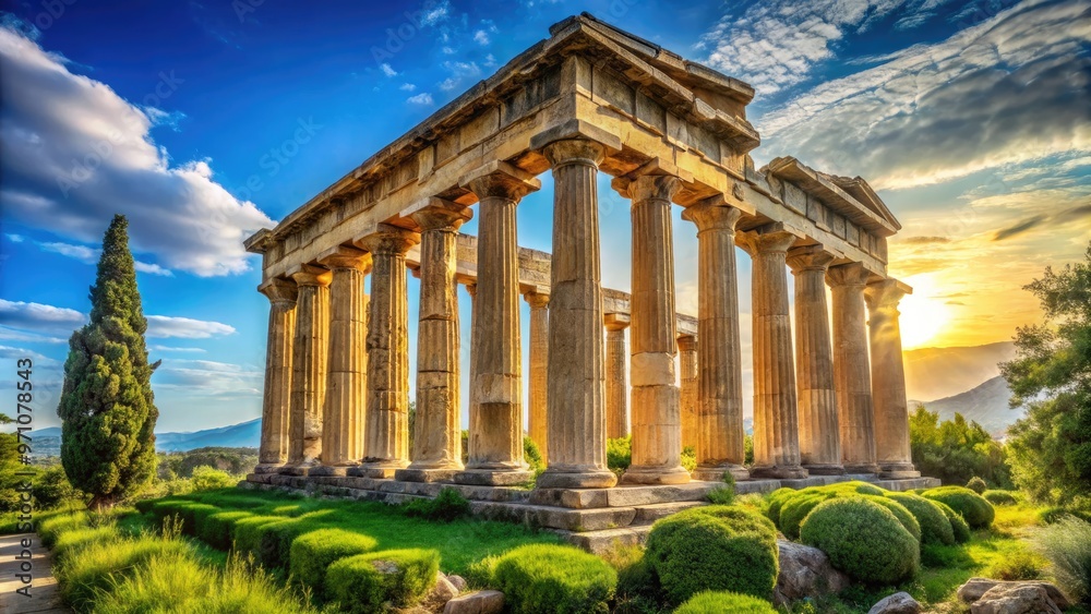 Majestic columns rise from a sun-kissed Greek temple, their luminous Pentelic marble surfaces adorned with ancient carvings, surrounded by lush greenery and a cloudless blue sky. Majestic columns rise from a sun-kissed Greek temple, their luminous Pentelic marble surfaces adorned with ancient carvings, surrounded by lush greenery and a cloudless blue sky.
