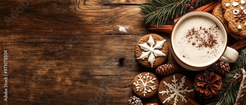 Cozy winter scene featuring a cup of hot chocolate and delicious holiday cookies on a rustic wooden table.