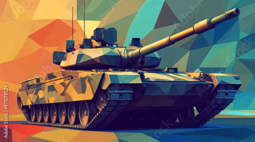 A powerful tank stands against a camouflage background. It's a symbol of military strength, ready for battle with its guns and armored protection.low poly vector illustration.