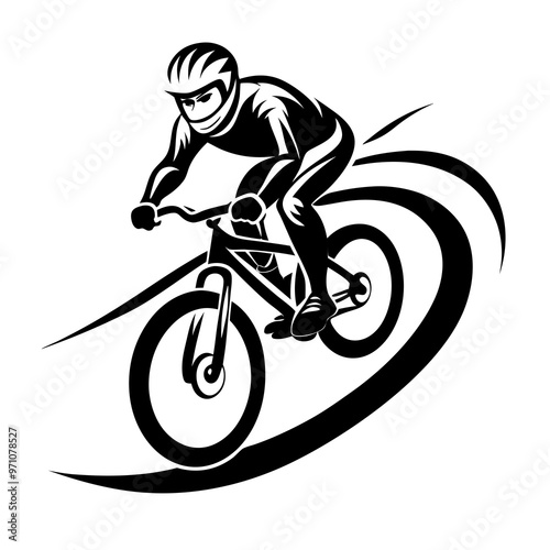 Mountain biker with adrenaline racing downhill against white background