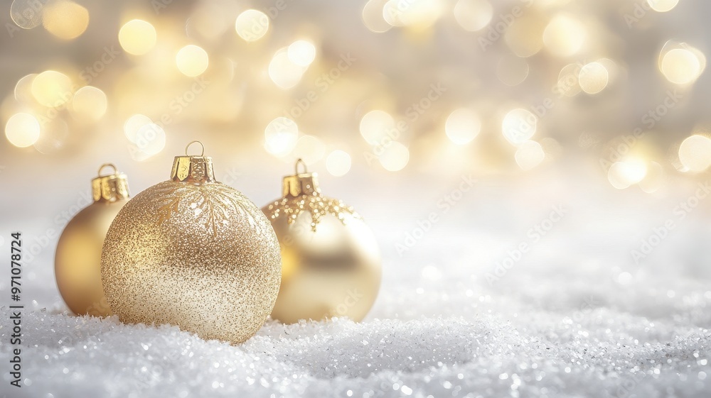 Elegant golden Christmas ornaments resting on snow, surrounded by warm shimmering lights, creating a festive atmosphere. Elegant golden Christmas ornaments resting on snow, surrounded by warm shimmering lights, creating a festive atmosphere.