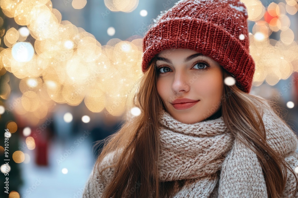 Beautiful young woman in winter hat and scarf over christmas background with generative ai Beautiful young woman in winter hat and scarf over christmas background with generative ai