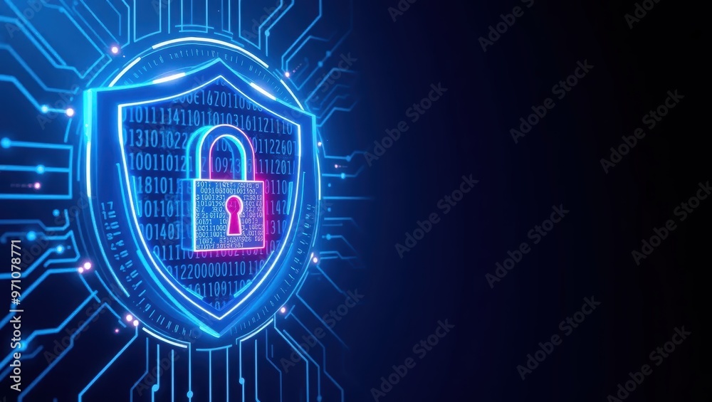 Fototapeta premium Cyber Security Shield with Lock and Binary Code