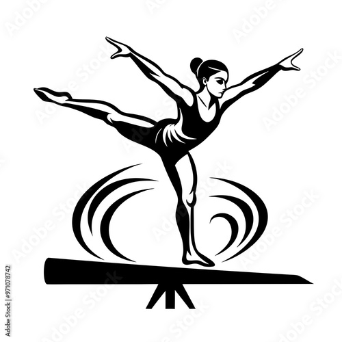 Gymnast with grace balancing on beam against white background