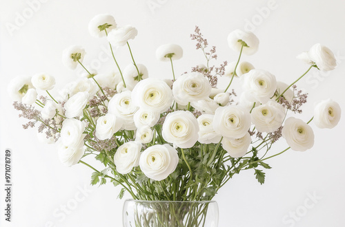 Um grande buquê de ranúnculos brancos com ramos de flores lilases em um vaso de vidro em estilo minimalista sobre um fundo claro isolado, fundo uniforme. photo