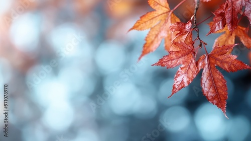 A detailed close-up photograph of vibrant red autumn leaves adorned with morning dew against a beautifully blurred background, capturing the essence of fall’s beauty and tranquility. photo