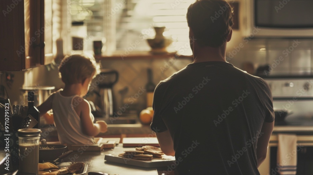 Fototapeta premium A man and child in a kitchen, surrounded by cooking items. A cozy atmosphere with natural light suggests a shared moment in a warm setting, possibly engaging in a domestic task