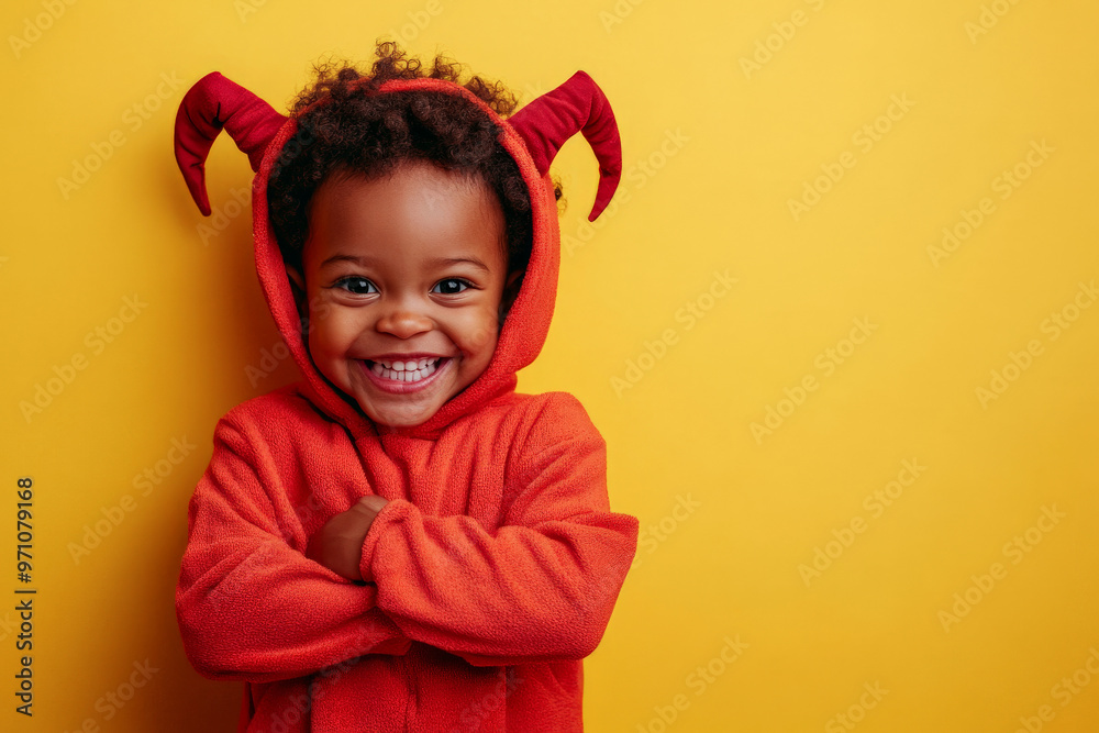 African American preschooler in a devil costume with a big crazy smile, standing on a bright yellow background. African American preschooler in a devil costume with a big crazy smile, standing on a bright yellow background.