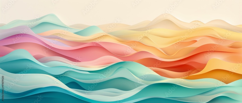 Obraz premium Vibrant 3D landscape with colorful wavy patterns on a light background. Fluid shapes blend rich hues creating a warm, soft, and artistic scene.