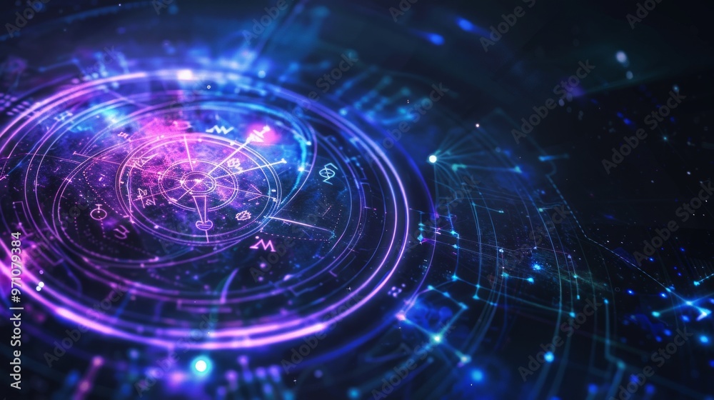 Obraz premium Image shows a glowing circular element resembling a digital compass on a black background. Pink and blue colors with sparkling lights create a sci-fi vibe.
