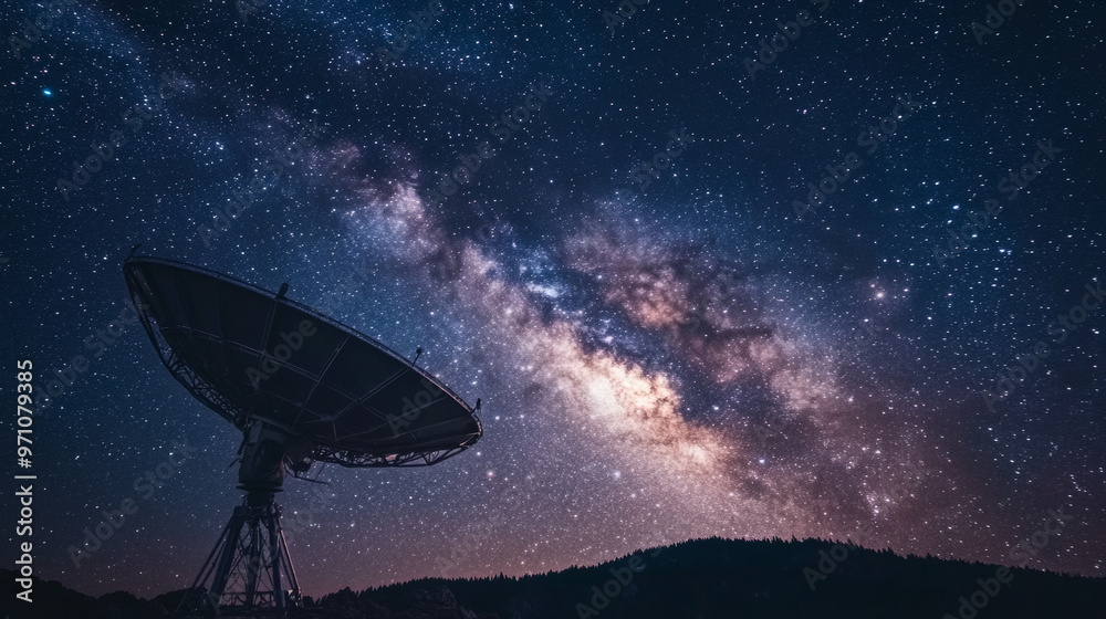 A satellite dish pointed towards the night sky, with the Milky Way galaxy shining brightly above. A satellite dish pointed towards the night sky, with the Milky Way galaxy shining brightly above.