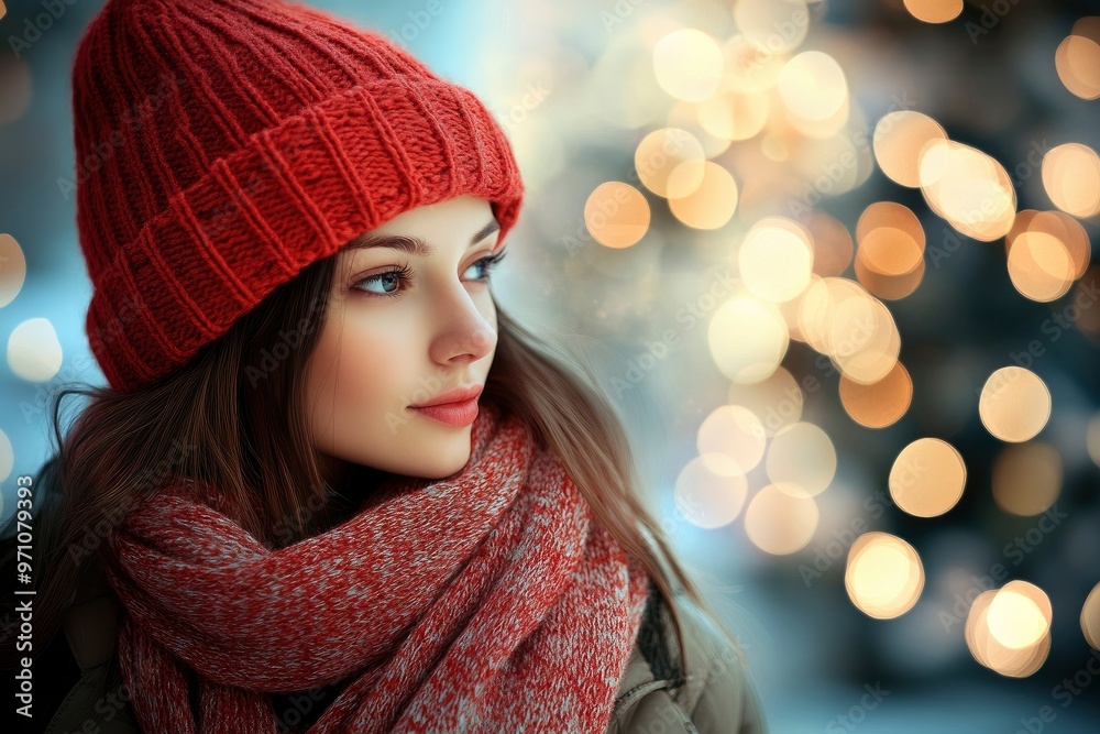 Beautiful young woman in winter hat and scarf over christmas background with generative ai
