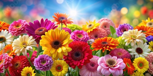 A vibrant explosion of colorful flowers in full bloom, blooms, blossoms, vibrant, colorful, garden, nature, botanical, beauty, petal