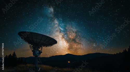 A satellite dish pointed towards the night sky, with the Milky Way galaxy shining brightly above.