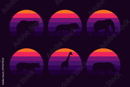 Vector set of animals on retro sunset background. photo