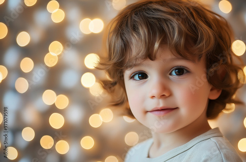 Menino bonitinho de 3 anos de idade contra o fundo de luzes de Natal. Uma criança de olhos castanhos com cabelo castanho claro ondulado. photo