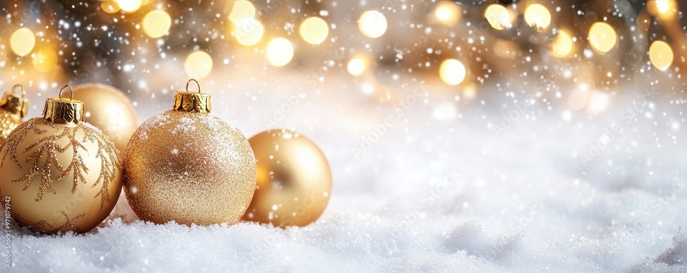 Golden Christmas ornaments resting on soft snow, surrounded by sparkling lights, creating a warm festive atmosphere. Golden Christmas ornaments resting on soft snow, surrounded by sparkling lights, creating a warm festive atmosphere.
