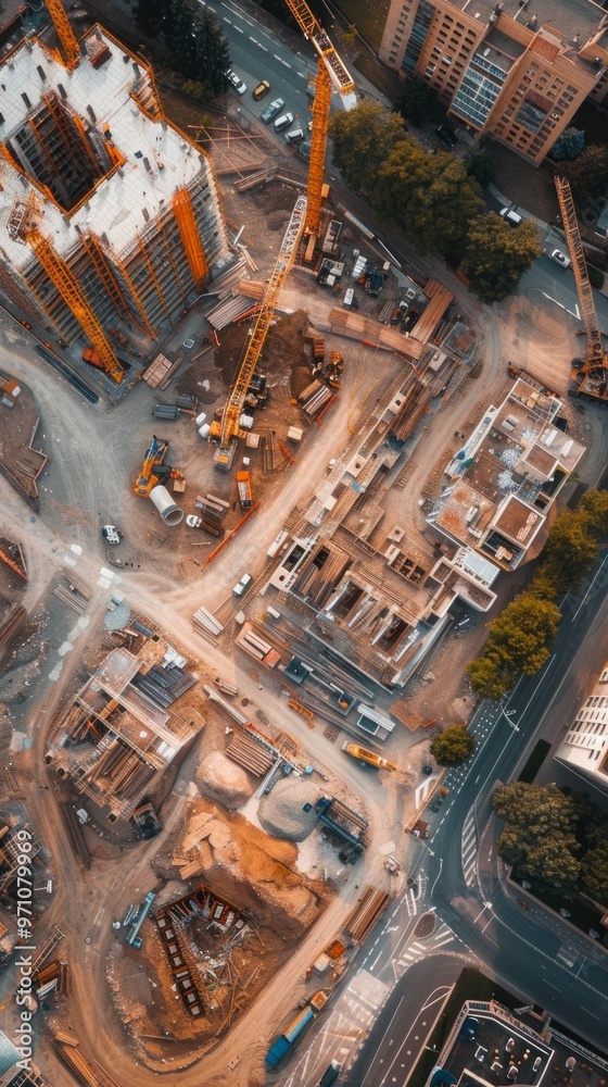 An aerial view of a busy urban construction site with yellow cranes, cars, and trees, showcasing a bustling city in progress. An aerial view of a busy urban construction site with yellow cranes, cars, and trees, showcasing a bustling city in progress.