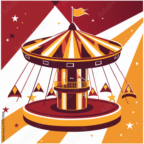 Colorful funfair ride with spinning carousel and vibrant flags on a festive background vector illustration
