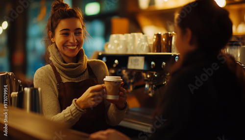 A smiling barista handing over a coffee cup to a customer in a trendy cafe, in warm lighting photo