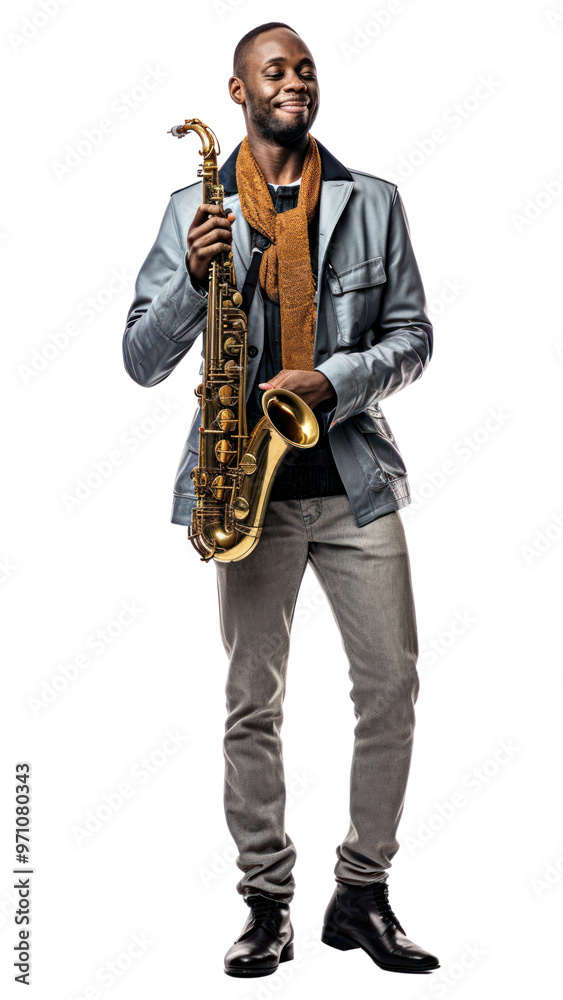 Naklejka premium PNG Saxophone holding adult man.