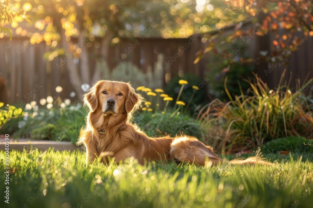 Golden retriever relaxing in sunlit garden AI Golden retriever relaxing in sunlit garden AI