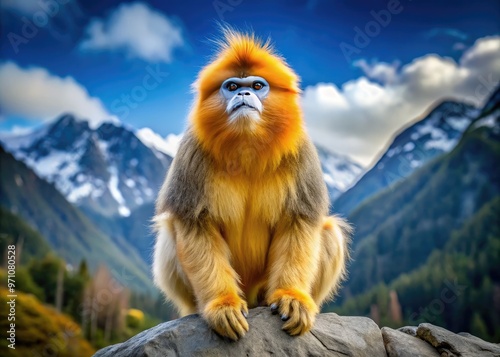 Majestic golden monkey with vibrant fur and regal demeanor sits atop a mountainous rock, gazing out with piercing eyes, exuding power and ancient wisdom. photo