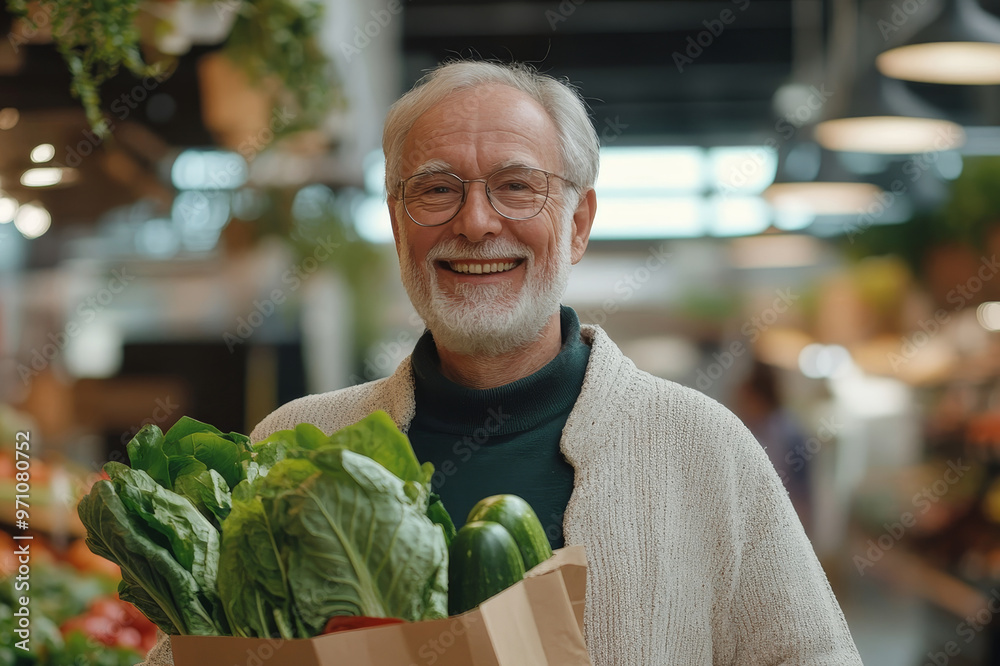 Fototapeta premium man holding paper bag with fresh vegetables on market