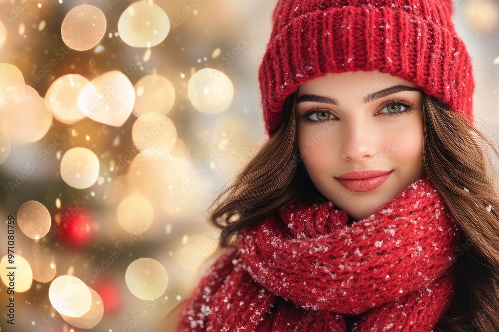 Beautiful young woman in winter hat and scarf over christmas background with generative ai