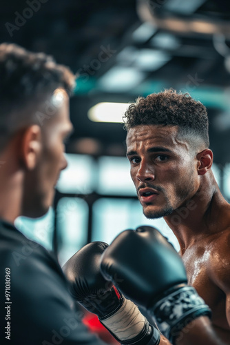 Young Brazilian sportsman, his eyes intense, practicing boxing combinations with his male coach in a modern gym. The coach, an experienced fighter, provides detailed feedback, ensuring every punch is