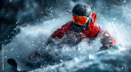 Snowboarder in a Red Suit Cutting Through Deep Powder - Realistic Photo