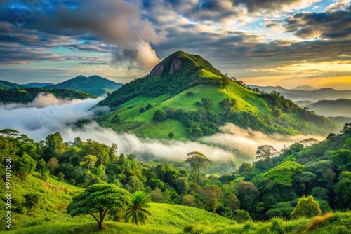 Majestic Kwahu Mountain landscape in Ghana, West Africa, featuring lush green forests, rugged terrain, and misty clouds shrouding the peak at dawn. photo