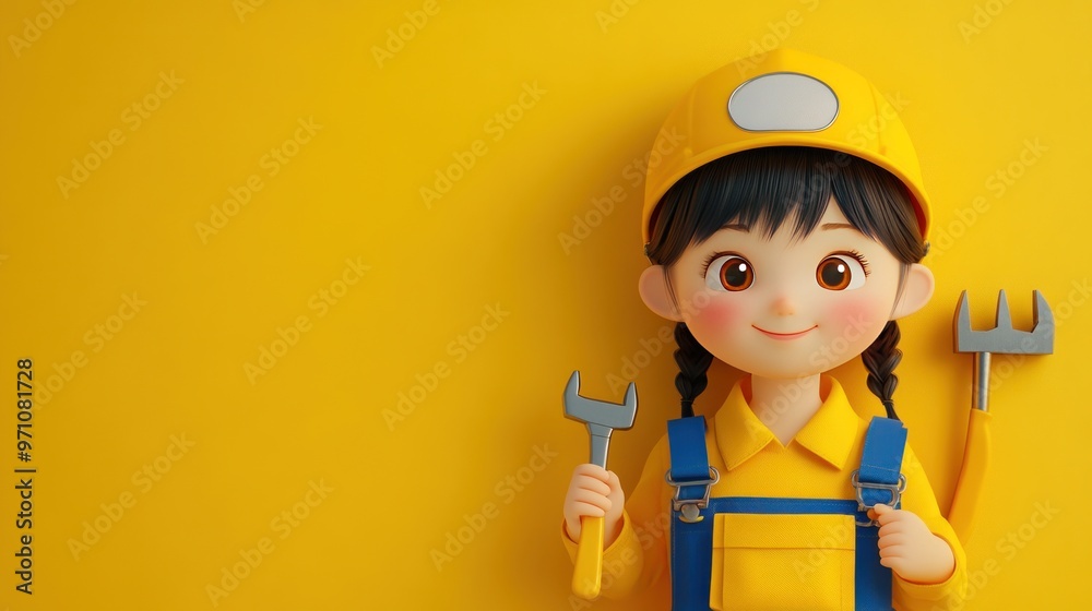 A cheerful cartoon girl in a yellow outfit holding tools against a bright yellow background.