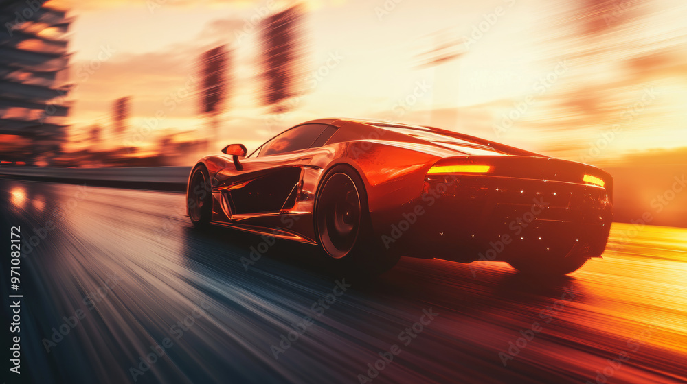 A sleek sports car speeds towards the city, bathed in the orange glow of a setting sun. The image is futuristic and gritty, with a rough, textured feel. A sleek sports car speeds towards the city, bathed in the orange glow of a setting sun. The image is futuristic and gritty, with a rough, textured feel.