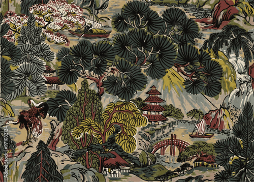 A pattern of a traditional asian landscape with lush greenery, pagodas, bridgesa nd boats in earthy tones.