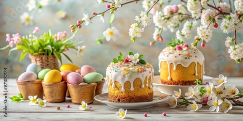 Easter still life with delicious cakes decorated with flowers and blooming branches, Easter, still life, cakes