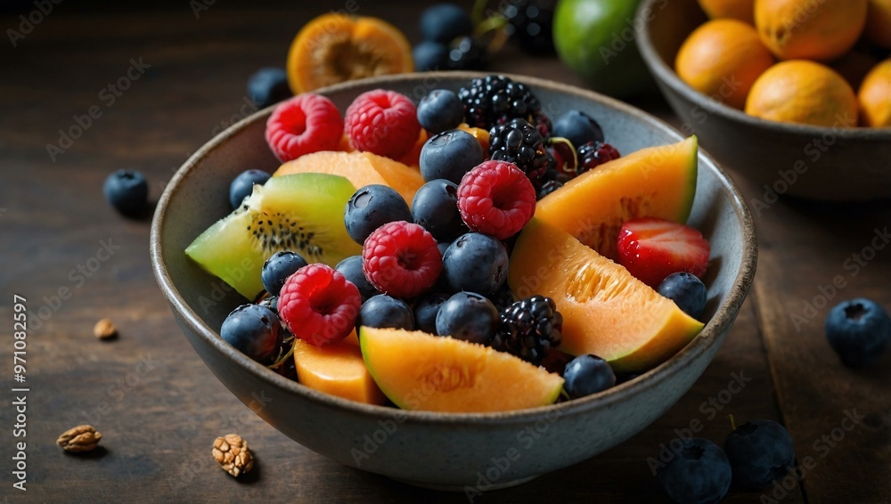 Mixed fruits with berries and melon in a bowl. Mixed fruits with berries and melon in a bowl.
